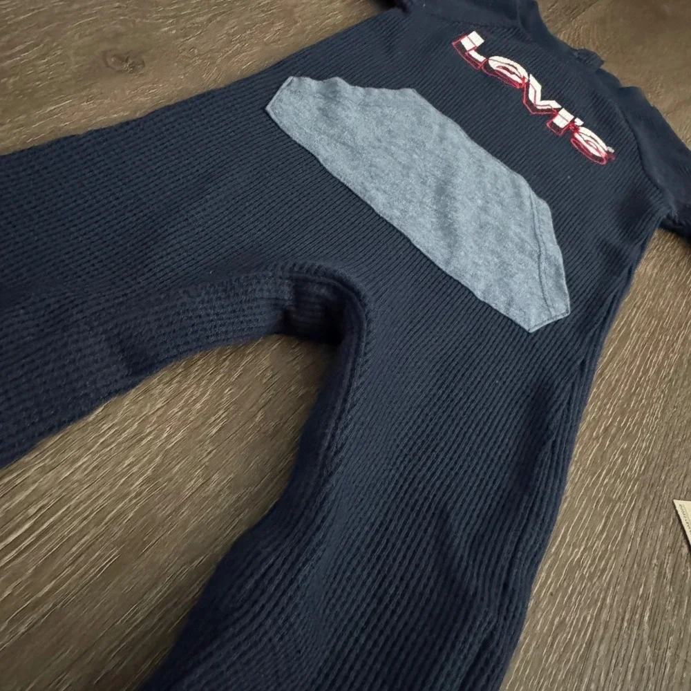 Levi's Thermal Coverall Boys 12M Navy Blue Waffle Knit Logo Romper